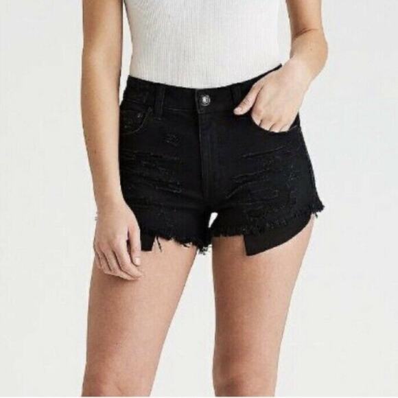 American Eagle Hi-Rise Festival Shorts Black Distressed Stretch Denim Size 6 - Picture 2 of 6